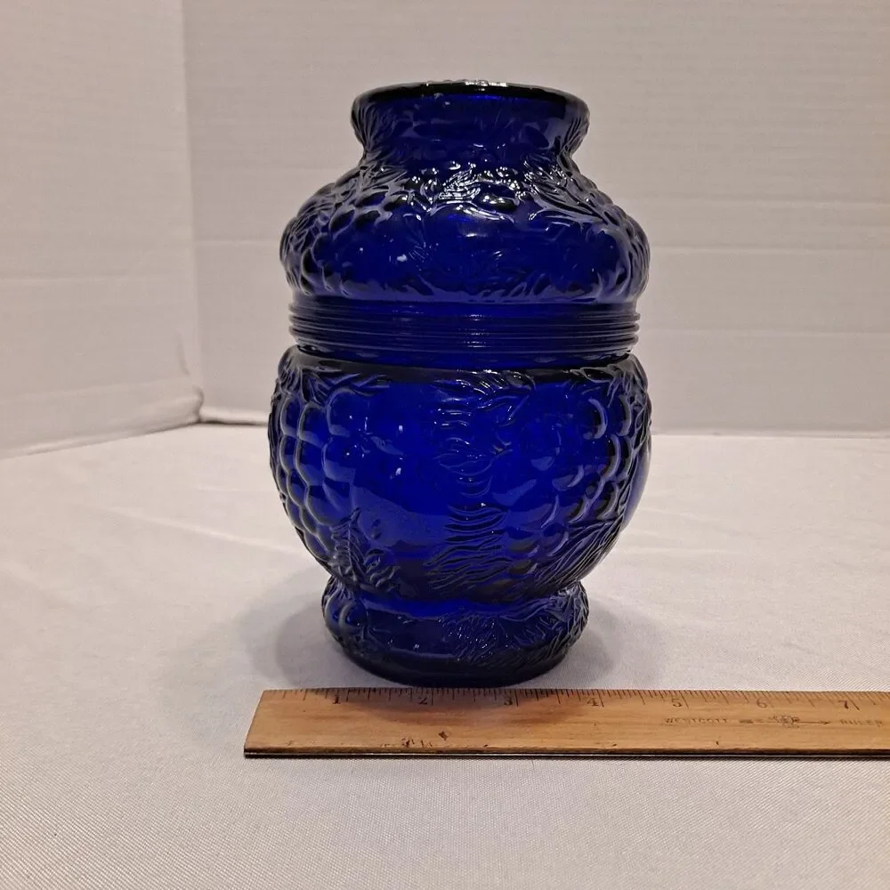 Antique Cobalt Blue Candy Canister Jar Fruit Motif 7
